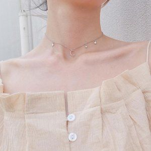 925 Sterling Silver Sweet Stars Moon Necklace Chok